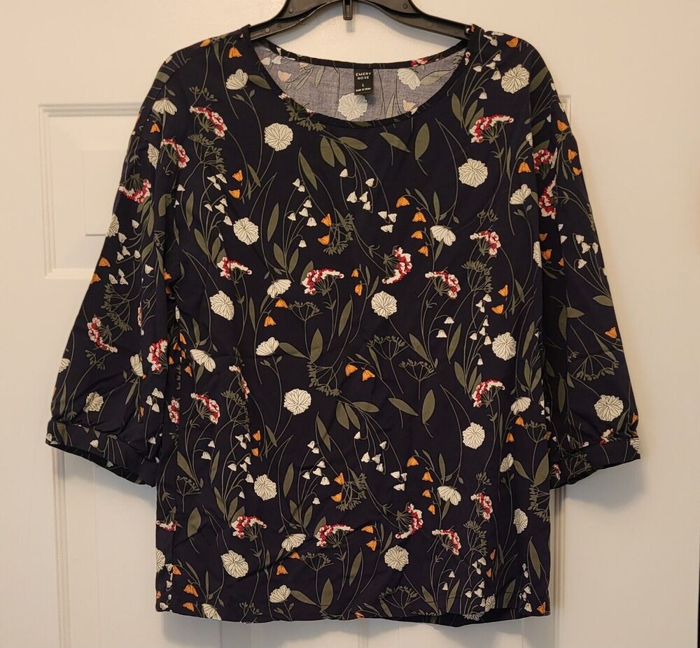 Emery Rose Blouse Women's size L Navy Blue with Flowers 3/4 Sleeve